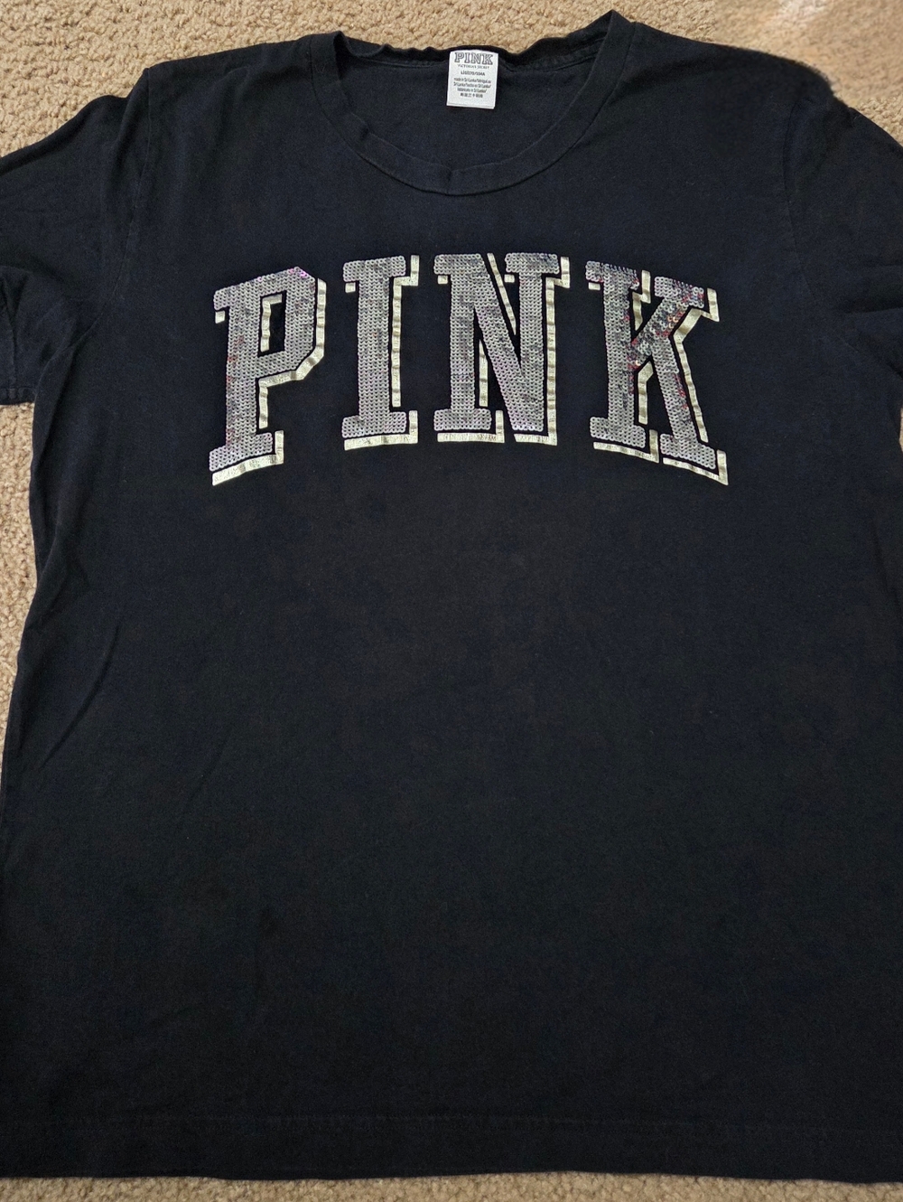 PINK Victoria's Secret Large Bling Sequin Spellout Tee Rare HTF Vintage